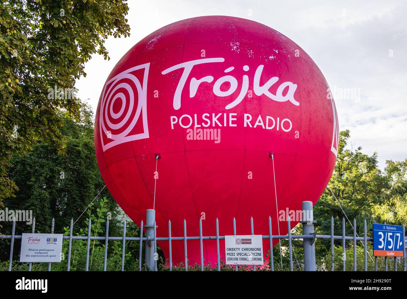 Balloon next to seat of Program III of the Polish Radio and the Polish Radio RDC at Mysliwiecka Street in Warsaw, capital of Poland Stock Photo