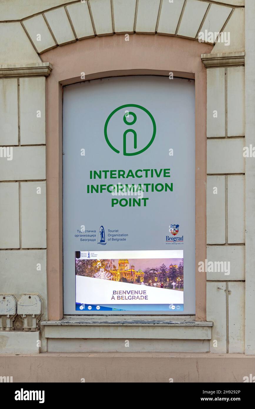 Belgrade, Serbia - October 29, 2021: Big Lcd Screen Interactive Information Point for Tourists in City Centre. Stock Photo