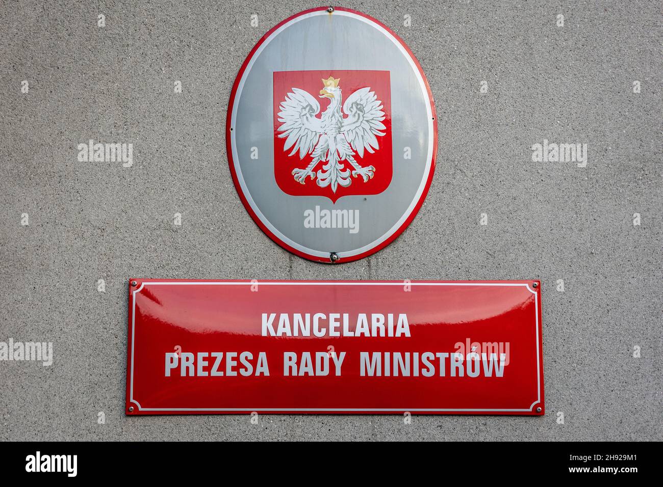 Sign on one of the buildings of Chancellery of the Prime Minister of Poland in Warsaw, capital of Poland Stock Photo