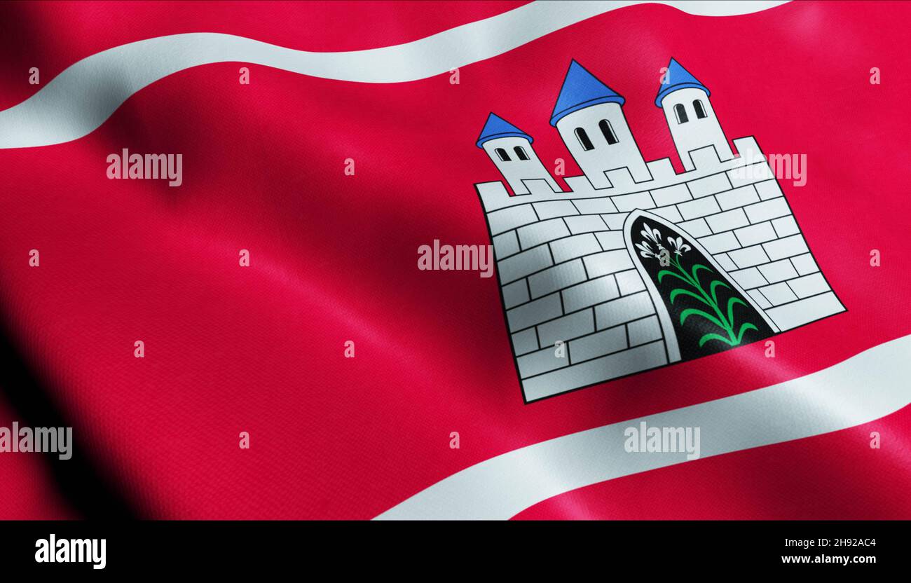 3D Illustration of a waving Poland city flag of Strzelce Krajenskie Stock Photo