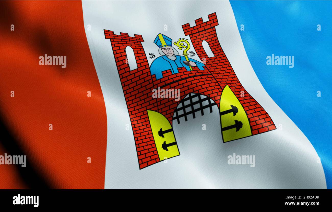 3D Illustration of a waving Poland city flag of Solec Kujawski Stock Photo