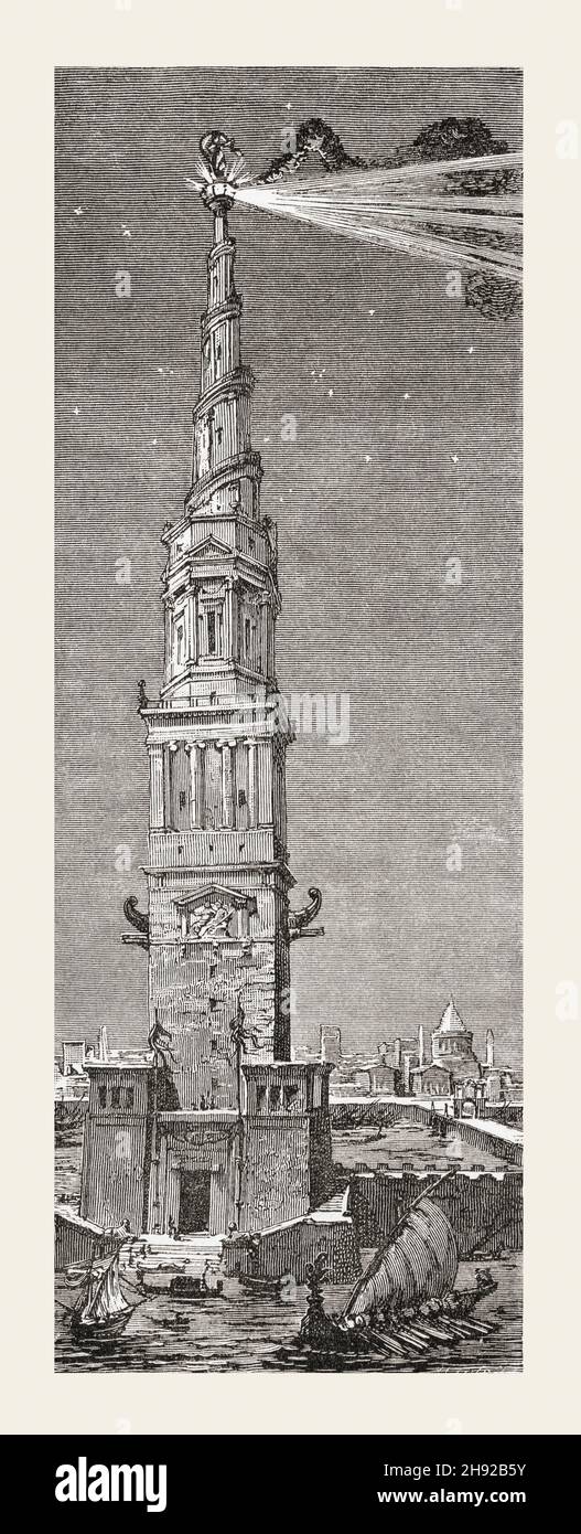 The Lighthouse of Alexandria, aka Pharos of Alexandria. A lighthouse built by the Greek Ptolemaic Kingdom of Ancient Egypt, during the reign of Ptolemy II Philadelphus. Stock Photo