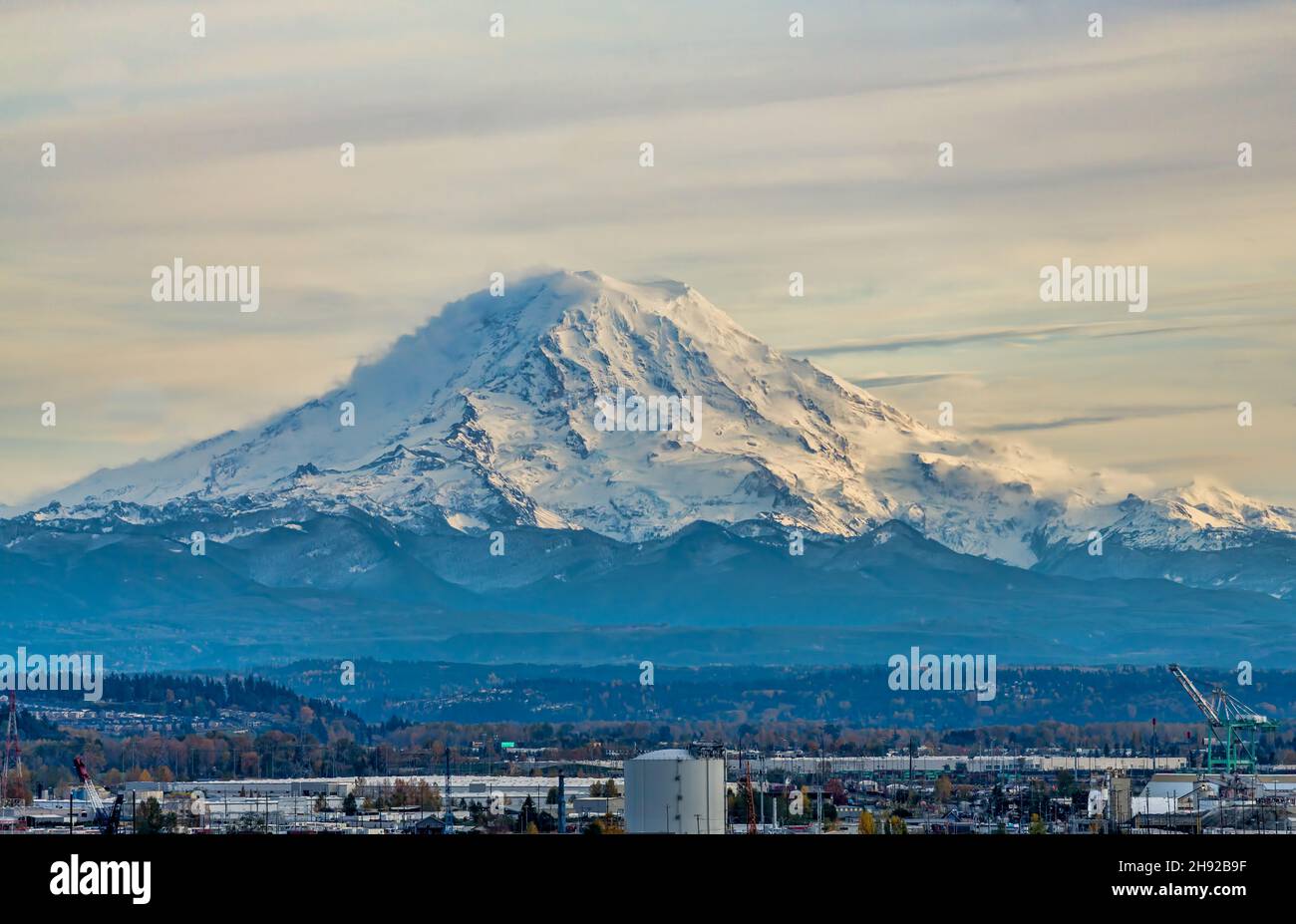 The Port of Tacoma and Mount Rainier in Washington State Stock Photo ...