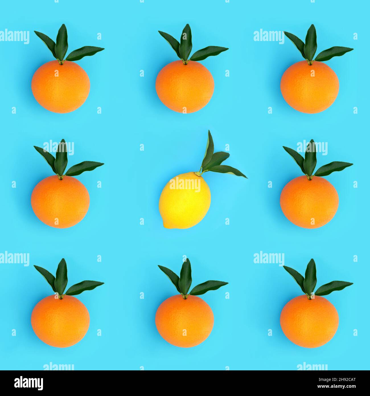 Abstract orange and lemon citrus fruit odd one out design concept with