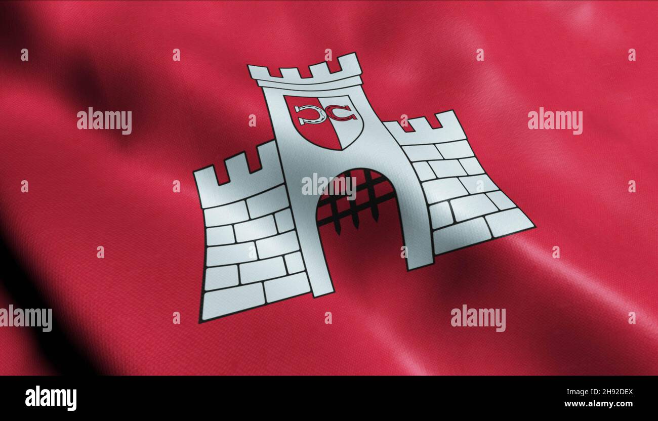 3D Illustration of a waving Poland city flag of Biala Prudnicka Stock Photo