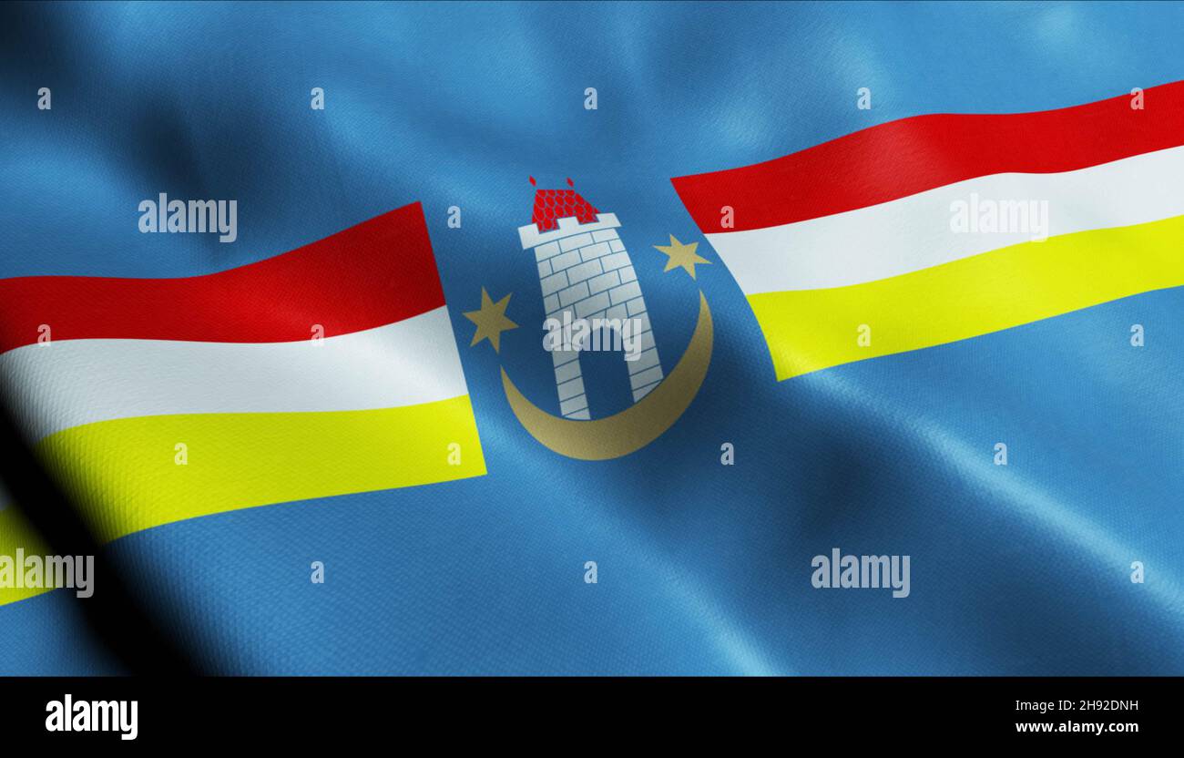 3D Illustration of a waving Poland city flag of Kazimierz Dolny Stock Photo