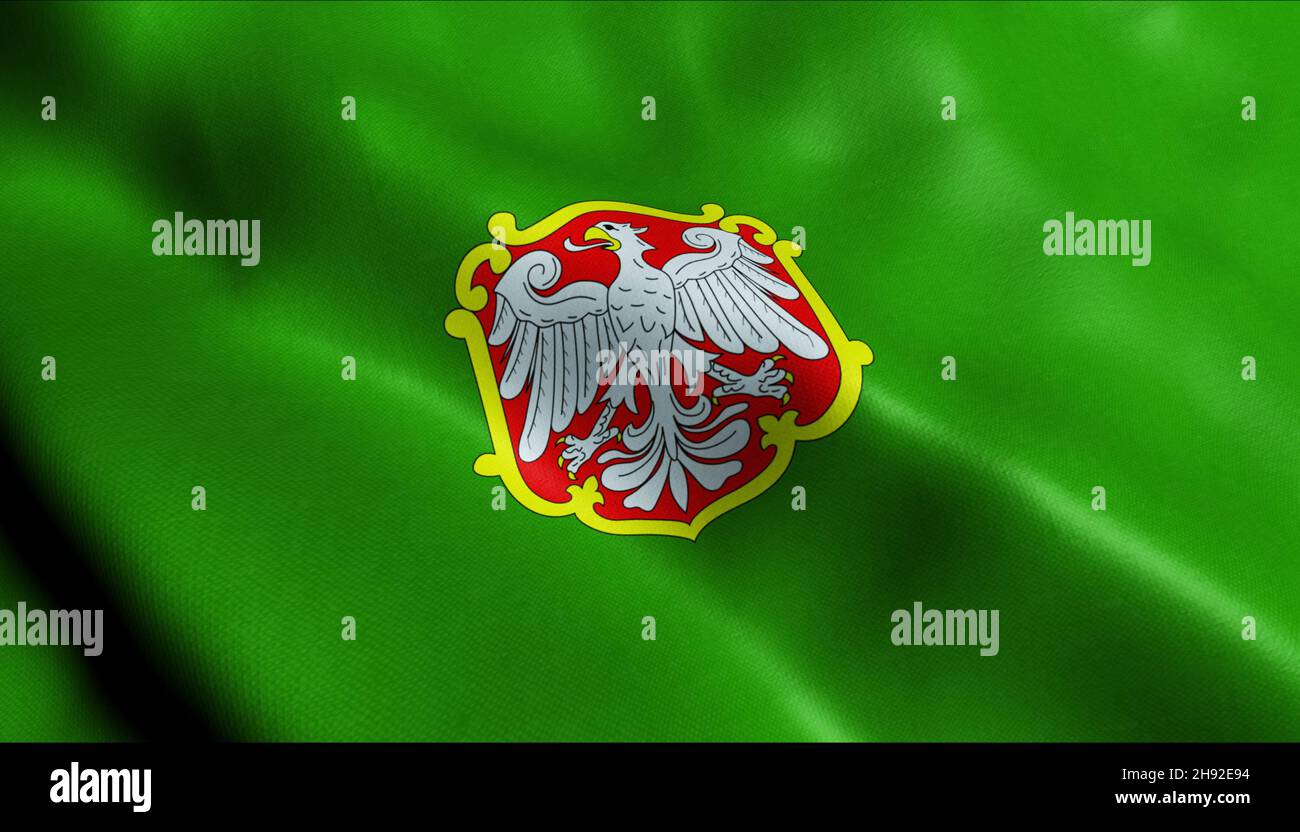 3D Illustration of a waving Poland city flag of Kozmin Wielkopolski Stock Photo