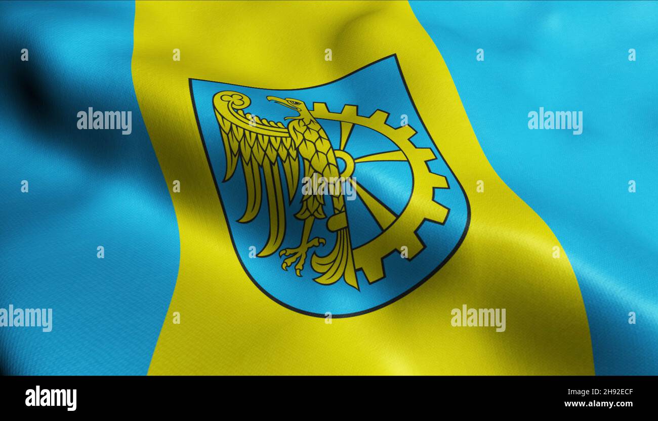 3D Illustration of a waving Poland city flag of Kuznia Raciborska Stock Photo