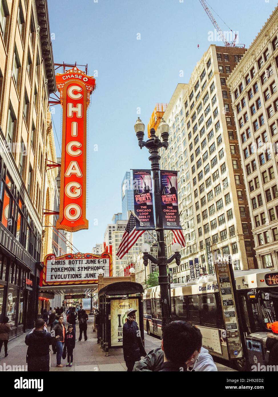 The Chicago Theatre, originally known as the Balaban and Katz Chicago Theatre, is a landmark theatre located on North State Street in the Loop area. Stock Photo