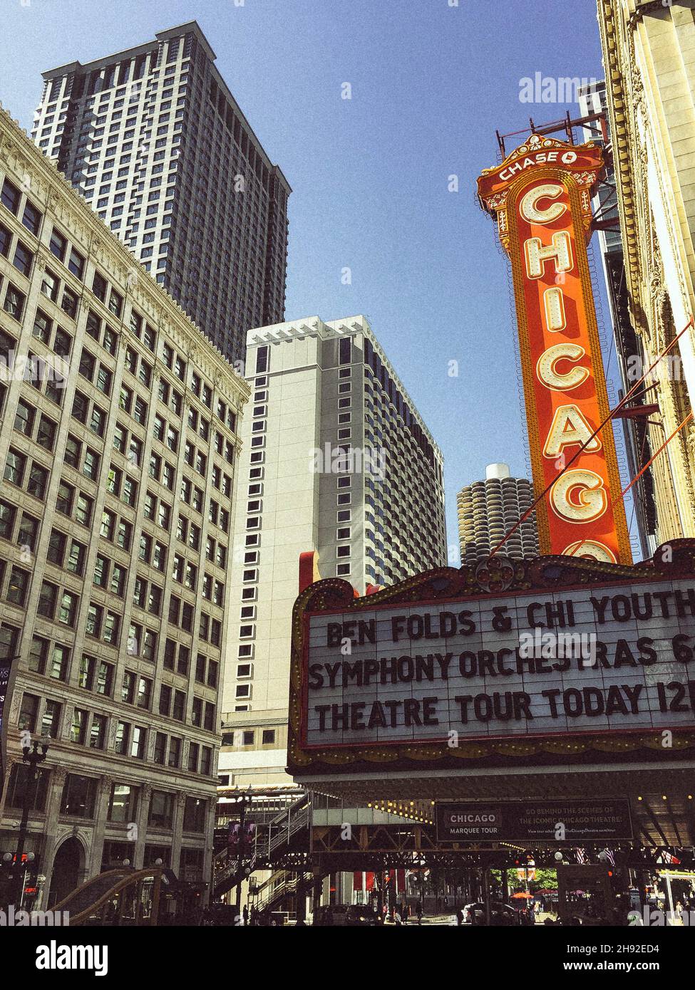 The Chicago Theatre, originally known as the Balaban and Katz Chicago Theatre, is a landmark theatre located on North State Street in the Loop area. Stock Photo