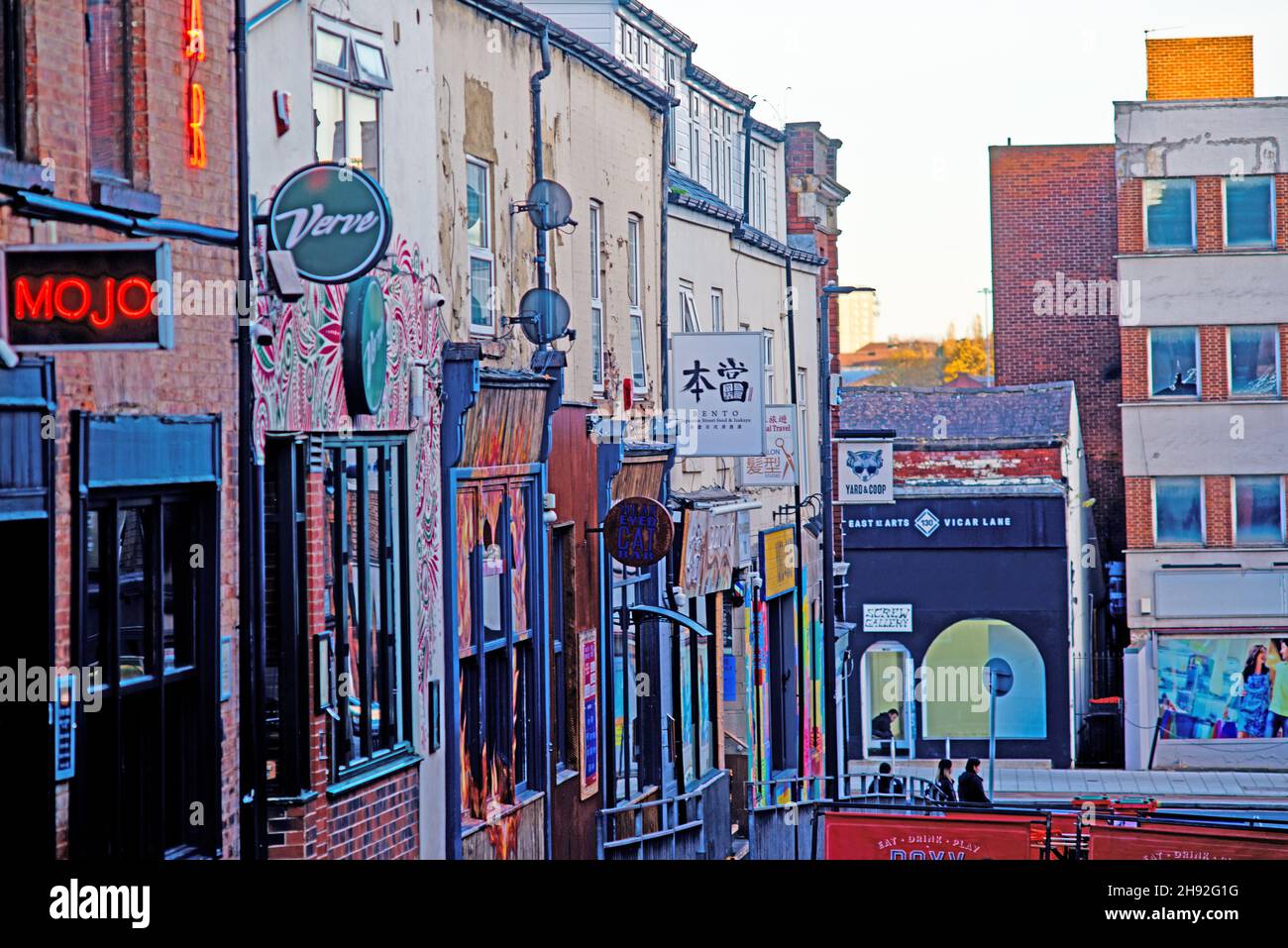 Street with bars and restaurants, Leeds, England Stock Photo Alamy