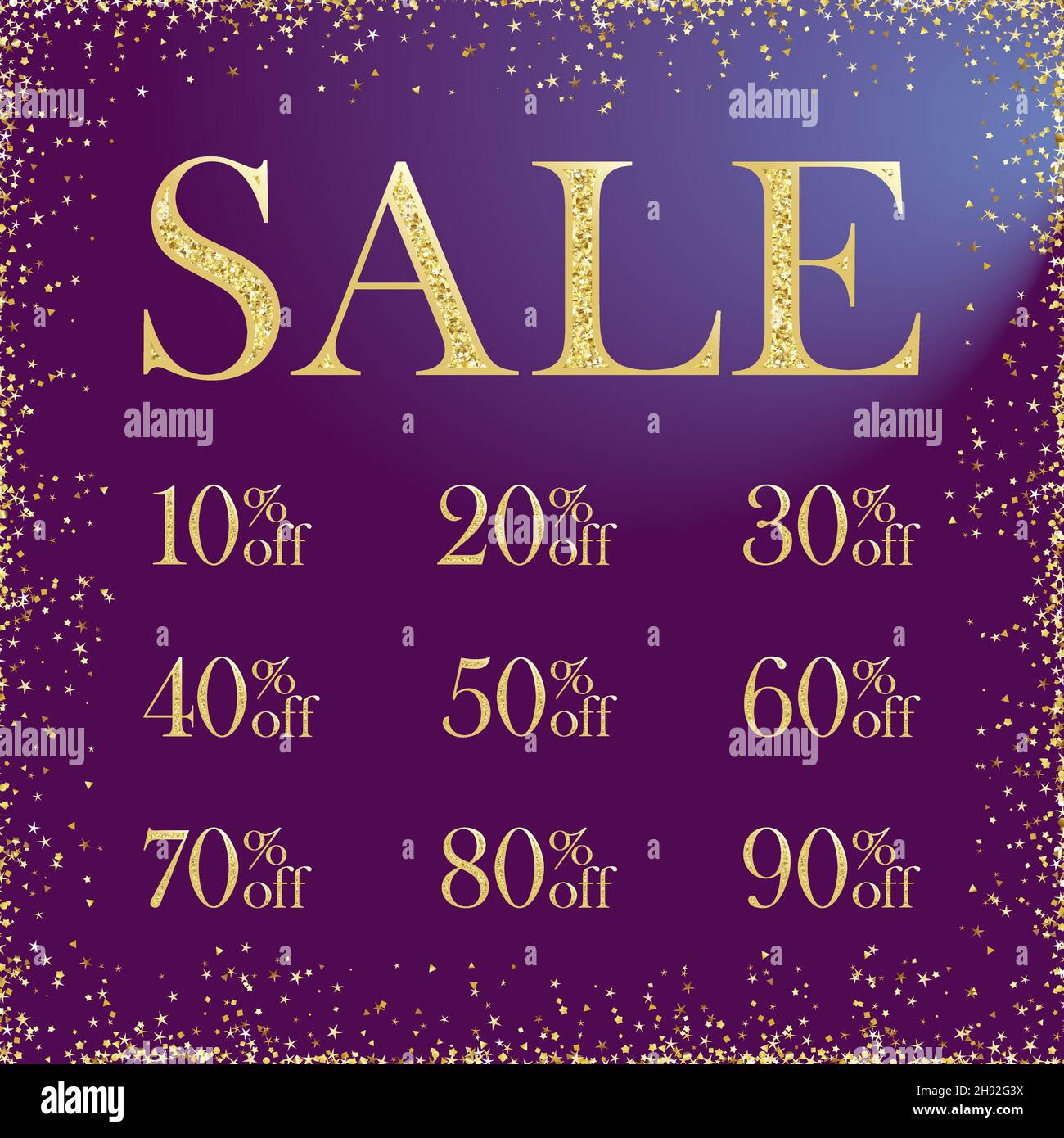 Sale numbers logotypes. Collection shining gold coloured signs. Market discounts up to ninety th % percent off on square dark ultra violet background. Stock Vector