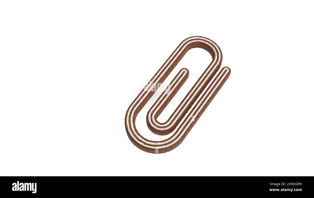 3d rendering of gingerbread cookie in shape of symbol of paper clip as attachment isolated on white background with white icing Stock Photo