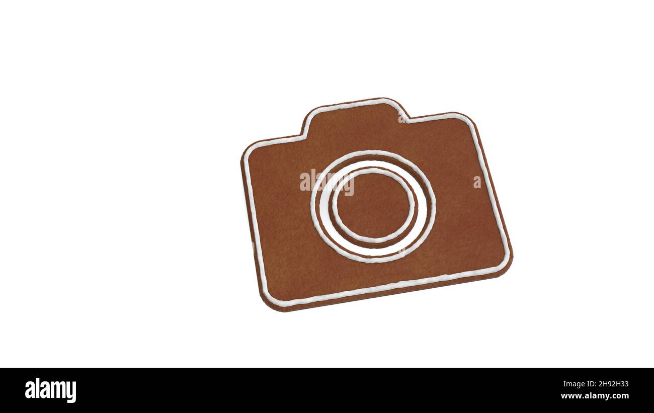 3d rendering of gingerbread cookie in shape of symbol of camera ...