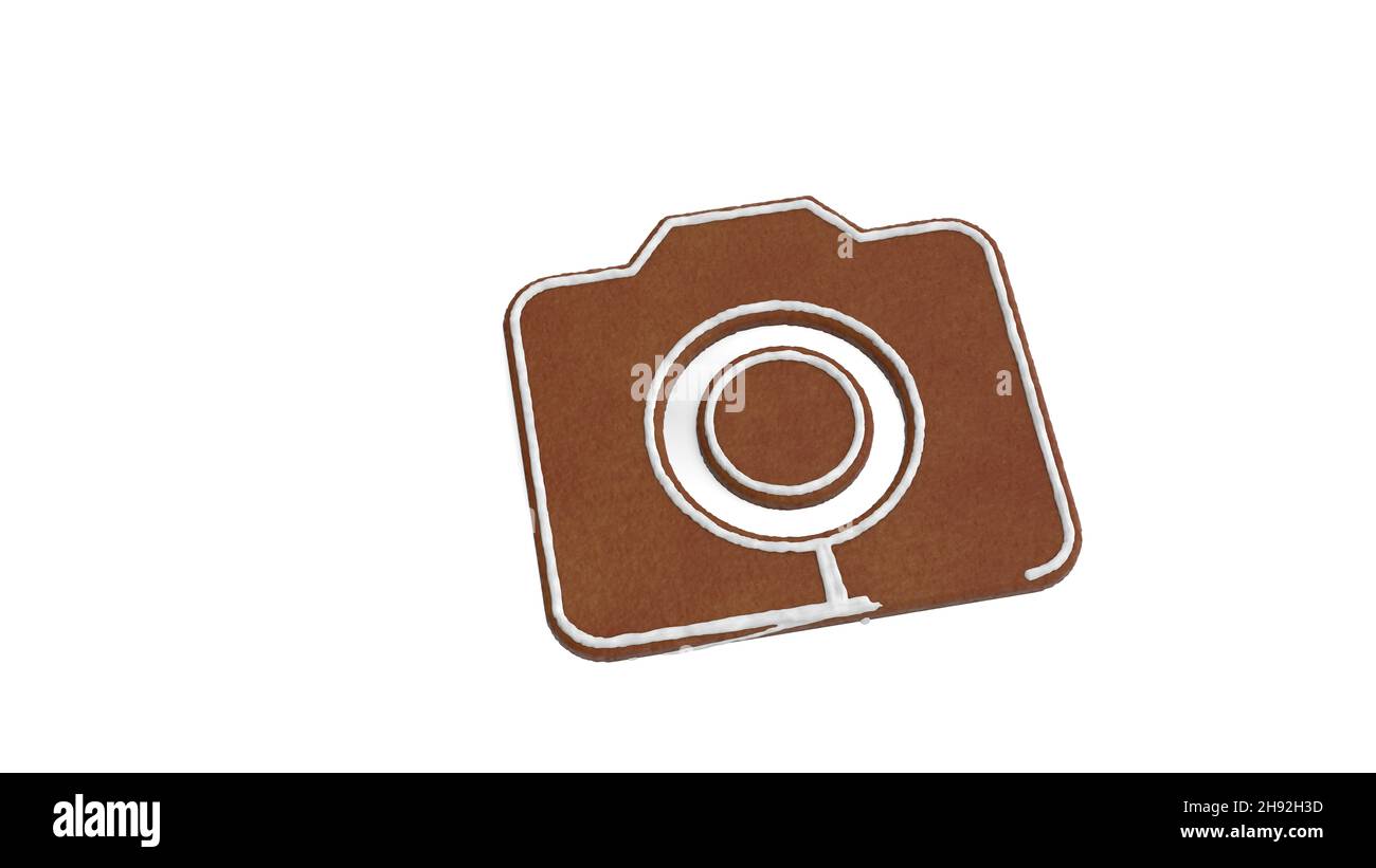 3d rendering of gingerbread cookie in shape of symbol of camera ...