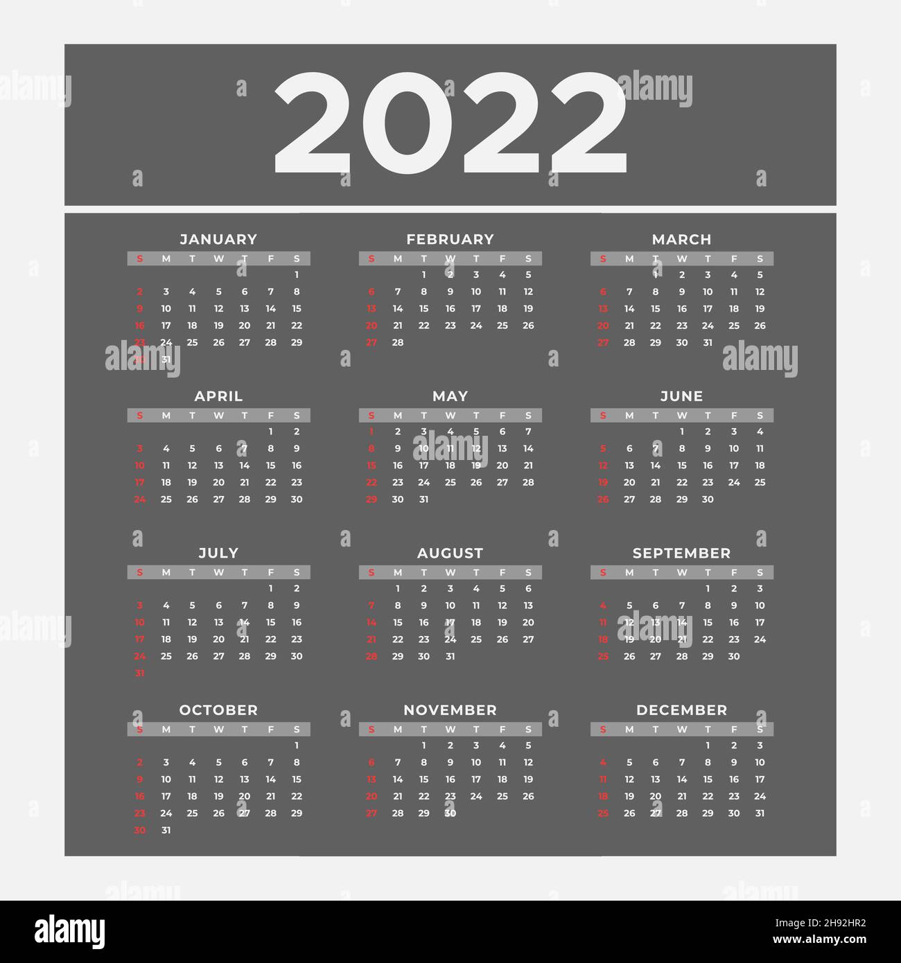 Simple Editable 2022 сalendar Designdark Color 2022 Calendar Vector