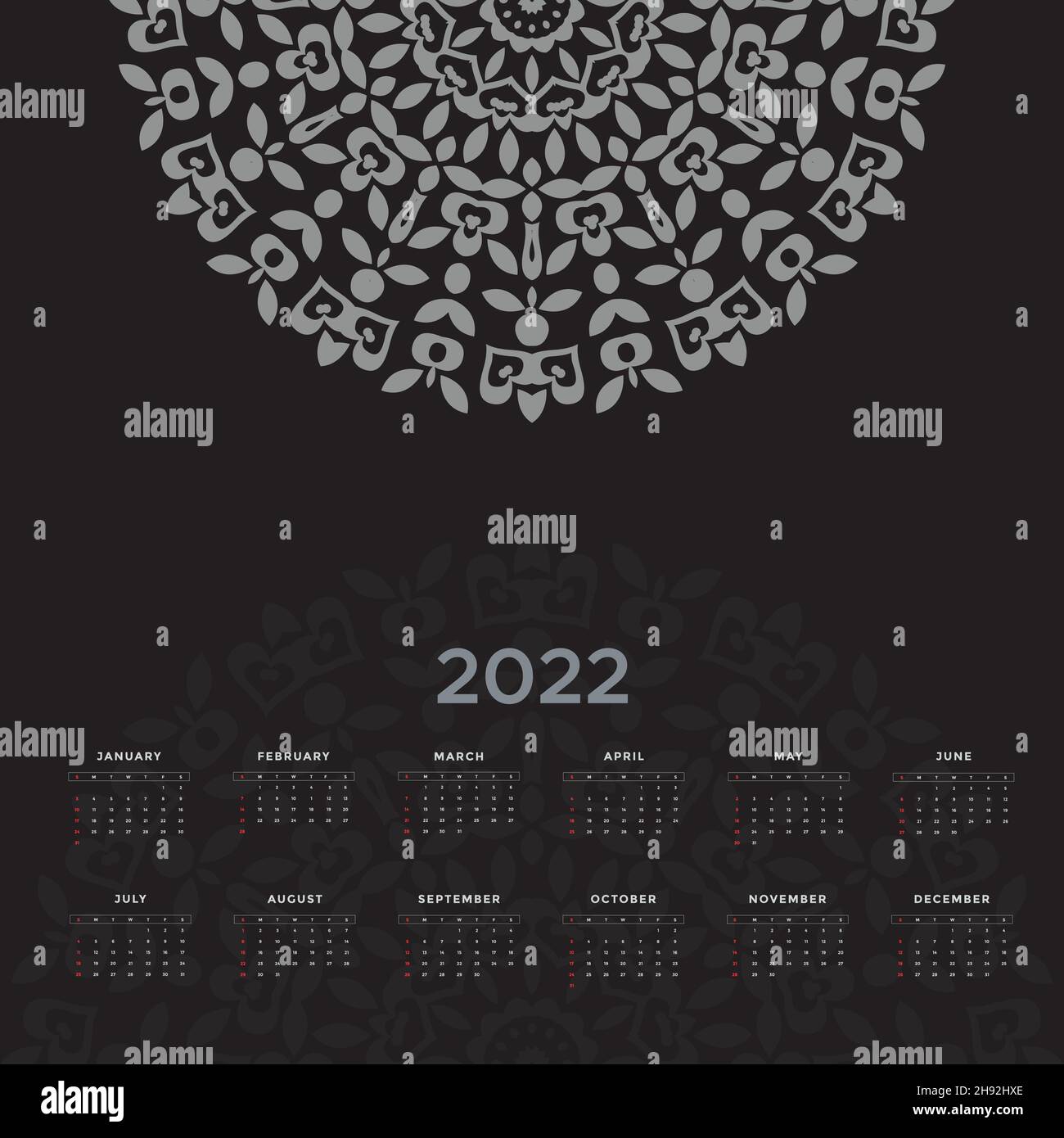 Simple editable 2022 сalendar design.Dark color decorative 2022 calendar vector template. Stock Vector