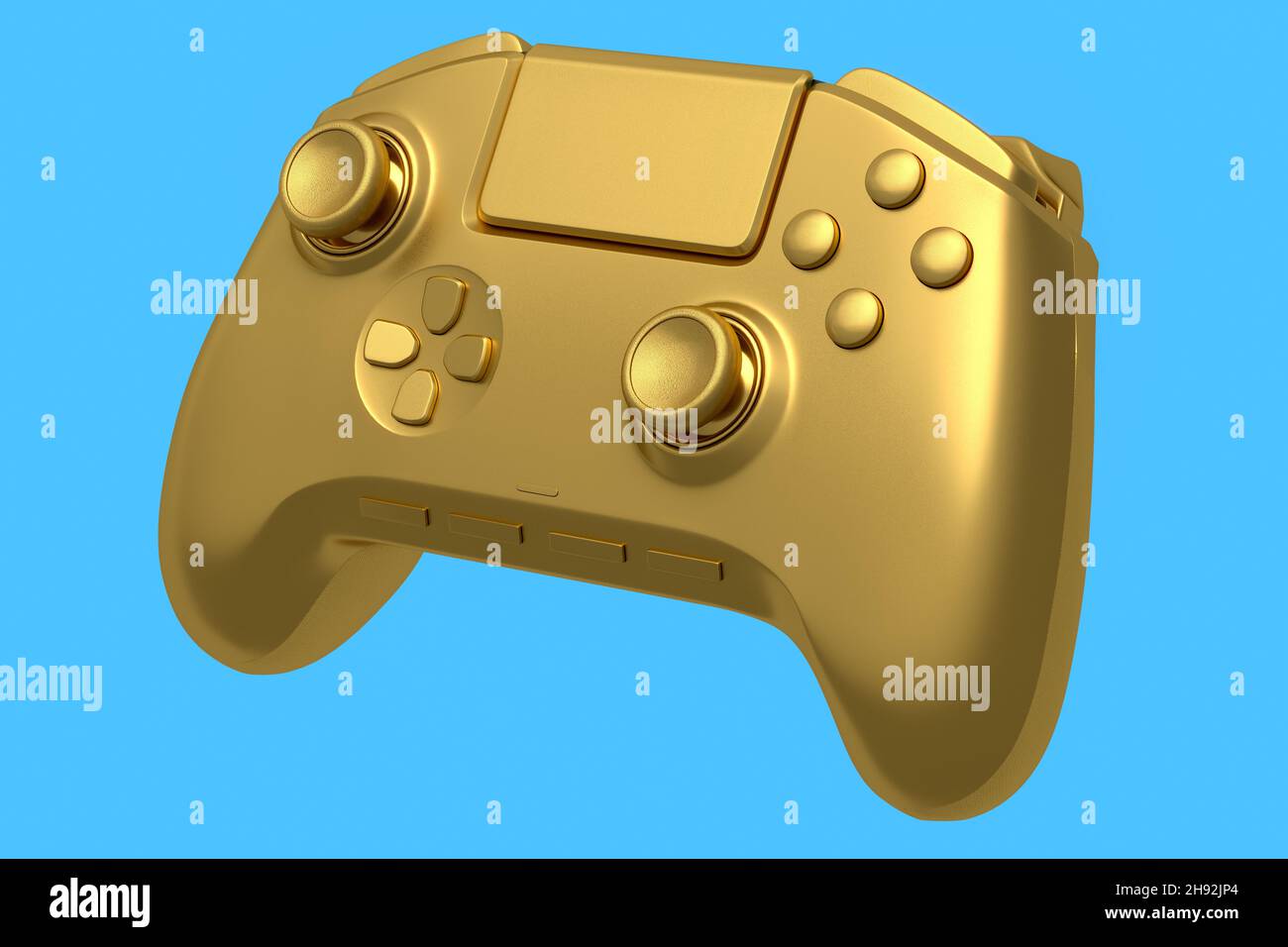 Realistic gold video game joystick on blue background. 3D rendering of ...