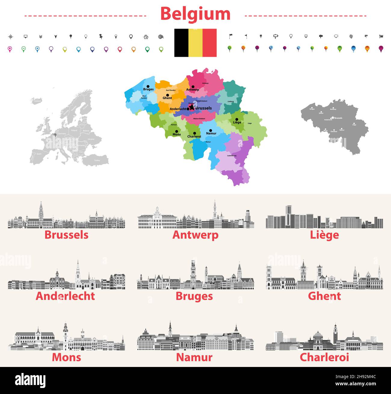 Belgium map with main cities skylines vector illustrations Stock Vector
