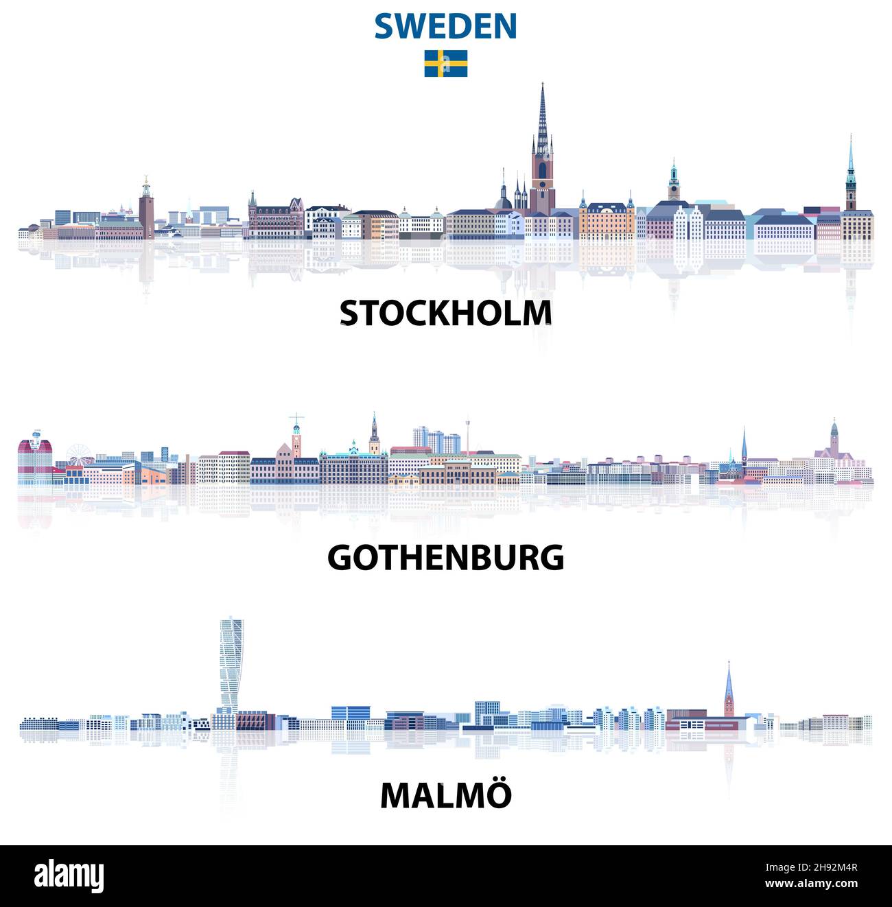Sweden main cities skylines in tints of blue color palette. rystal aesthetics style Stock Vector