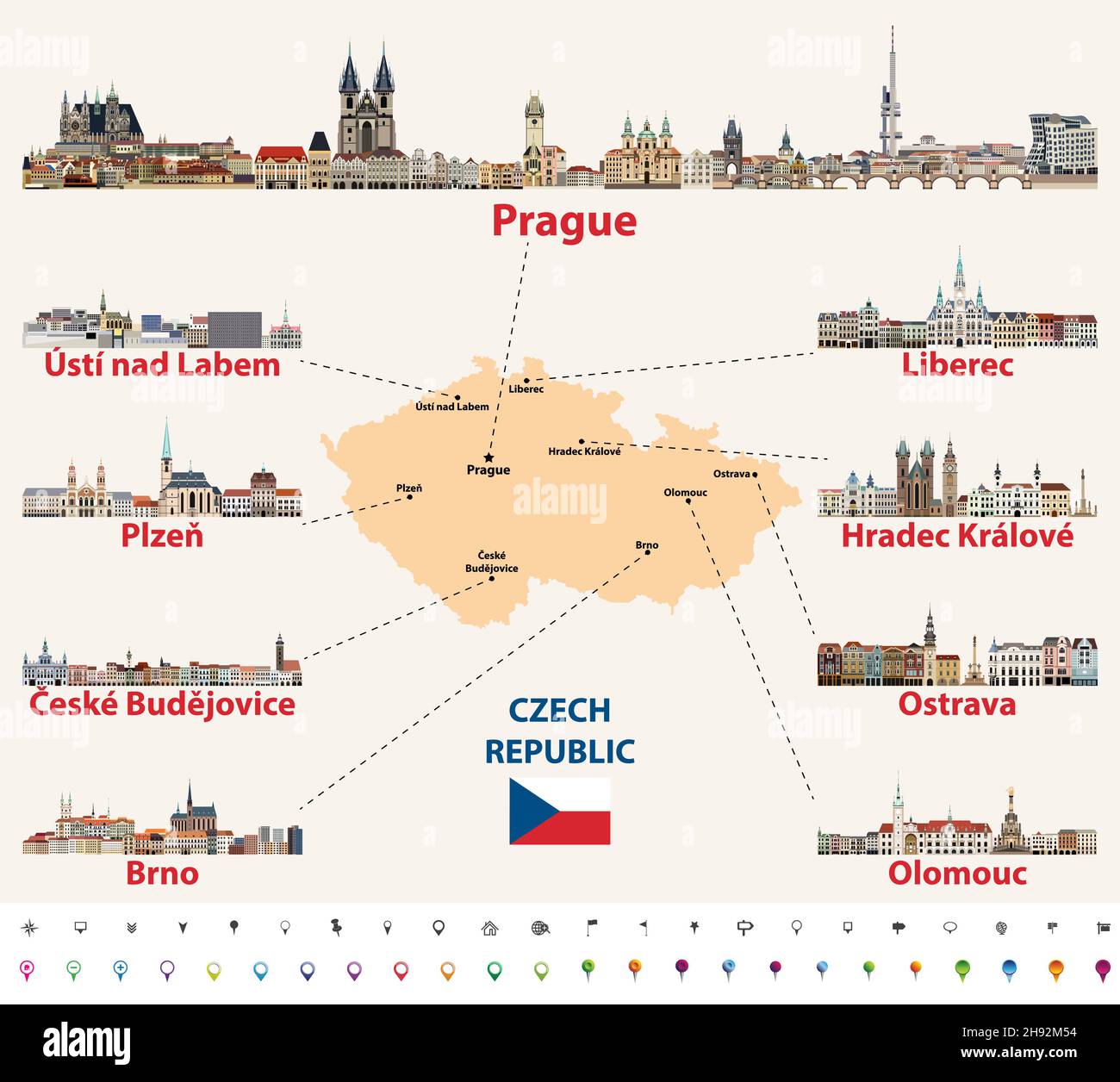 Map of Czech Republic with main cities skylines vector illustration Stock Vector