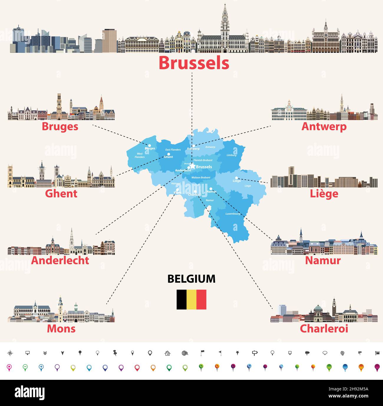 Belgium map with main cities skylines vector set Stock Vector