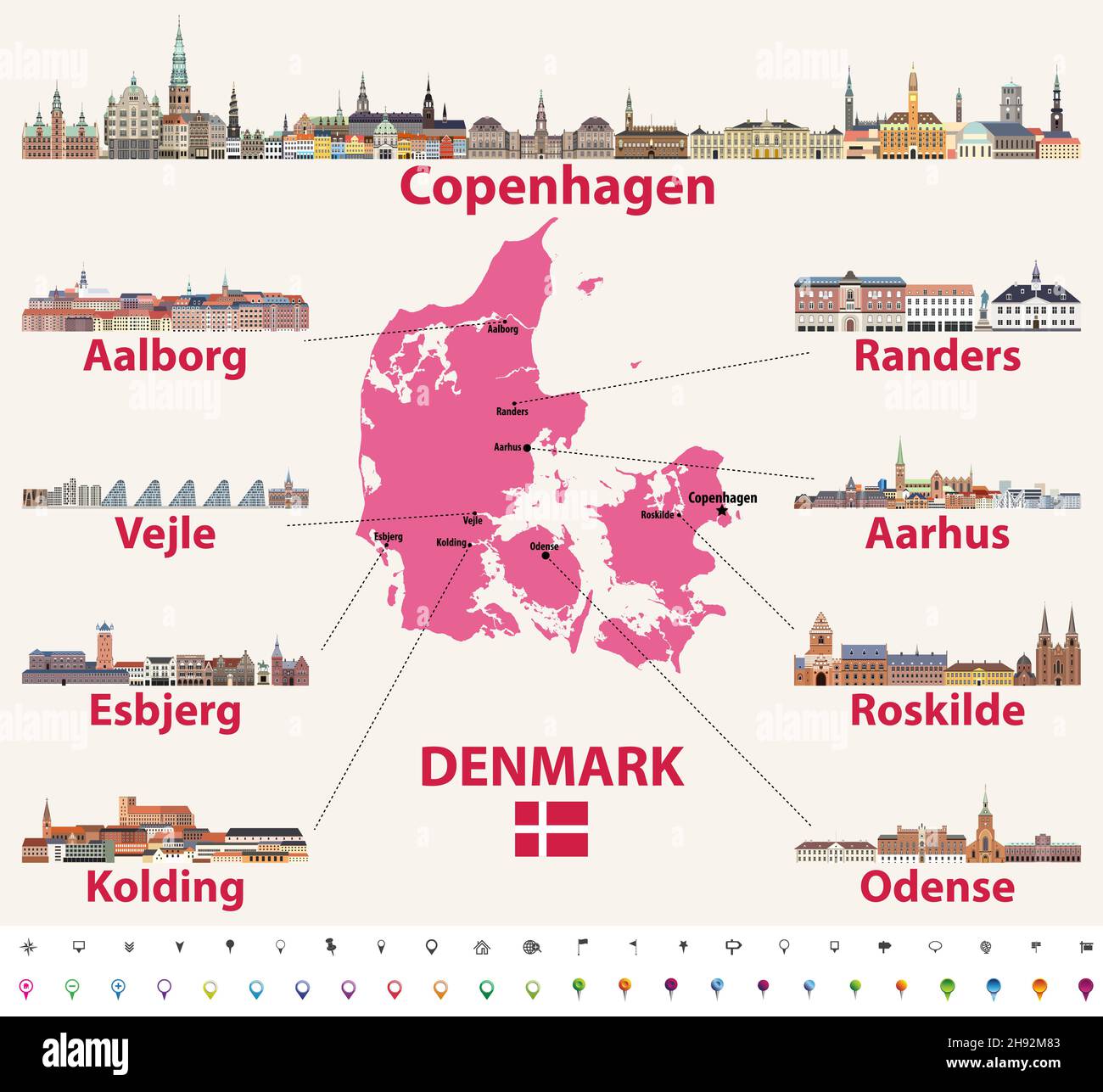 Denmark map with main cities skylines vector illustration Stock Vector