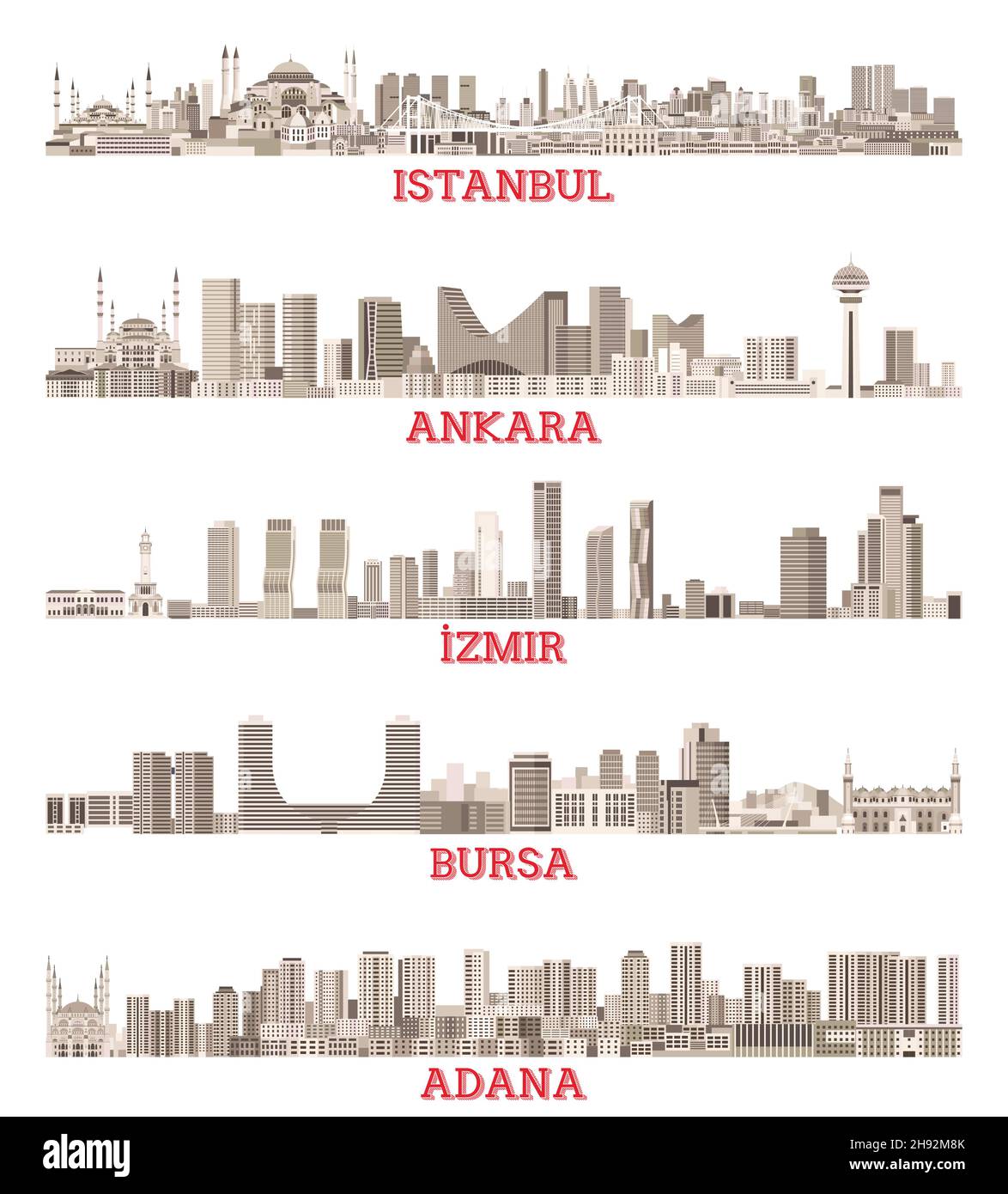 Turkish biggest cities skylines vector set in sepia color palette Stock Vector