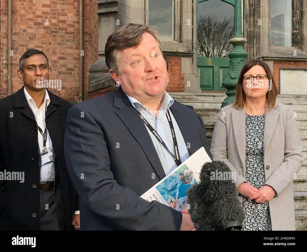 Mark Taylor, Director for Northern Ireland at the Royal College of Surgeons speaks to media accompanied by colleagues following a meeting with deputy First Minister Michelle O'Neill at the Mater Hospital in Belfast. See PA story HEALTH Coronavirus. Photo credit should read: Rebecca Black/PA Wire Stock Photo