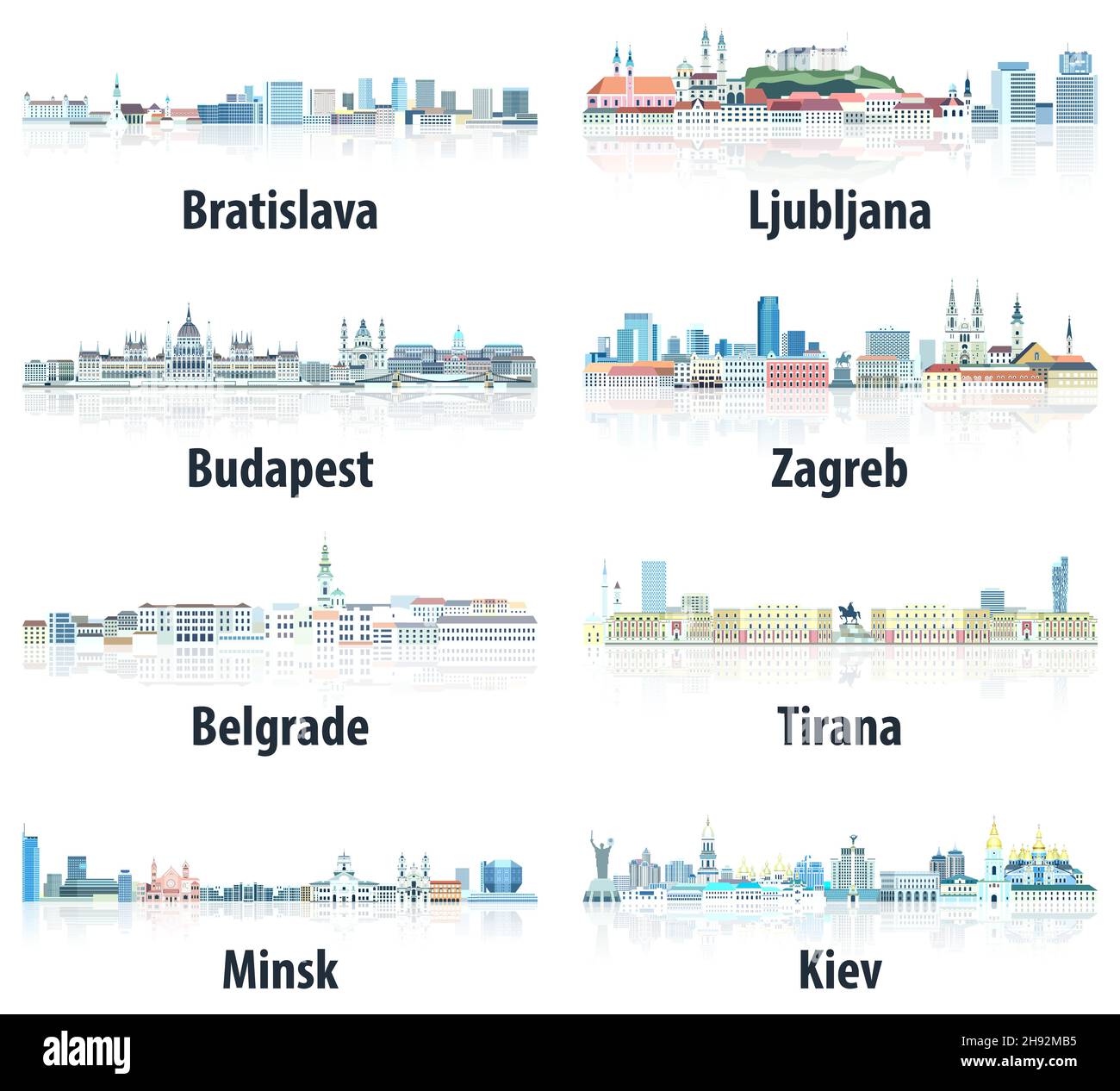 Cities of East Europe skylines in tints of blue color palette. Crystal aesthetics style Stock Vector