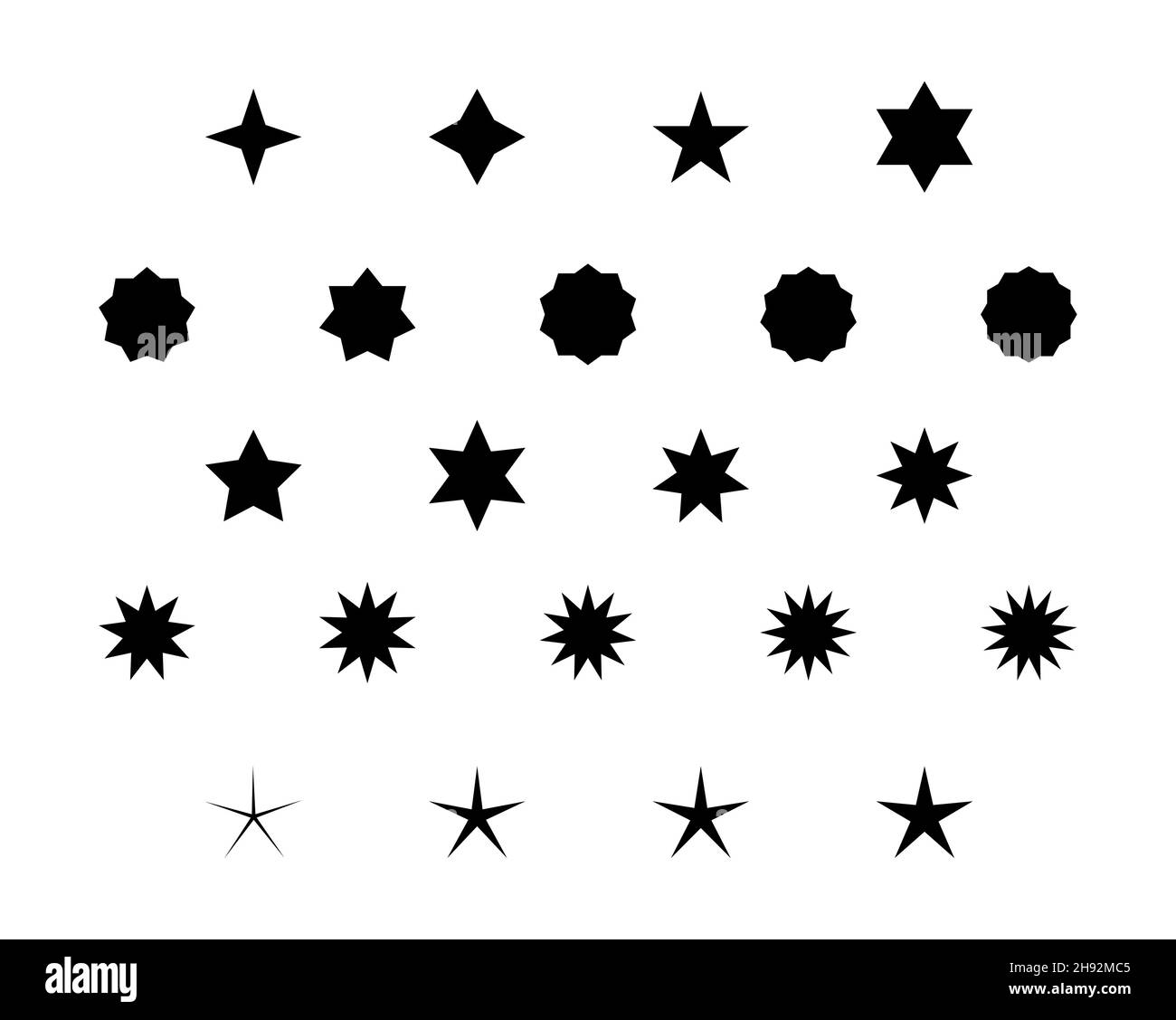 Black star shapes on a white background. Star icons. Star symbols. Stock Vector