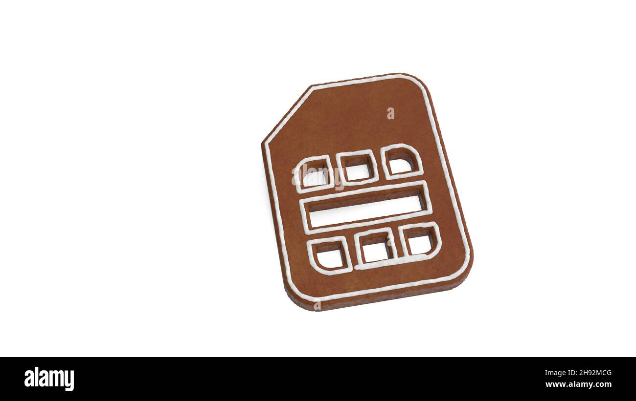 3d rendering of gingerbread cookie in shape of symbol of memory card isolated on white background with white icing Stock Photo