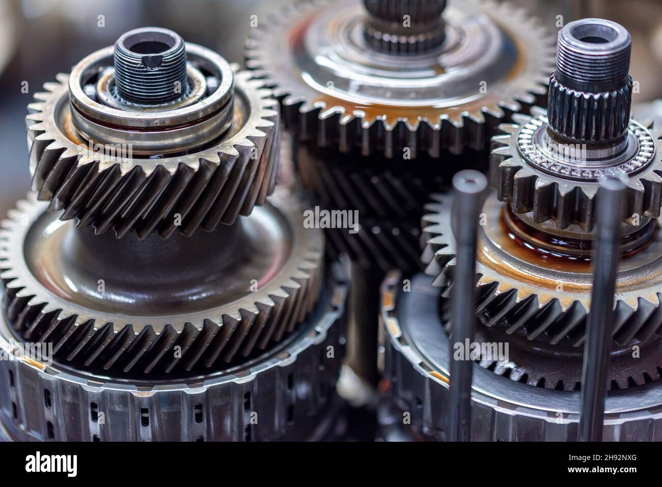 gearsets inside vehicle automatic transmission. Close up view