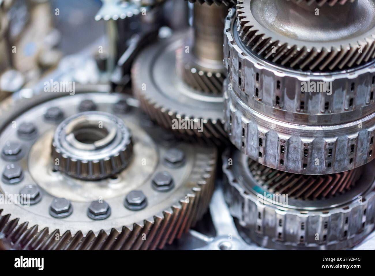 gearsets inside vehicle automatic transmission. Close up view