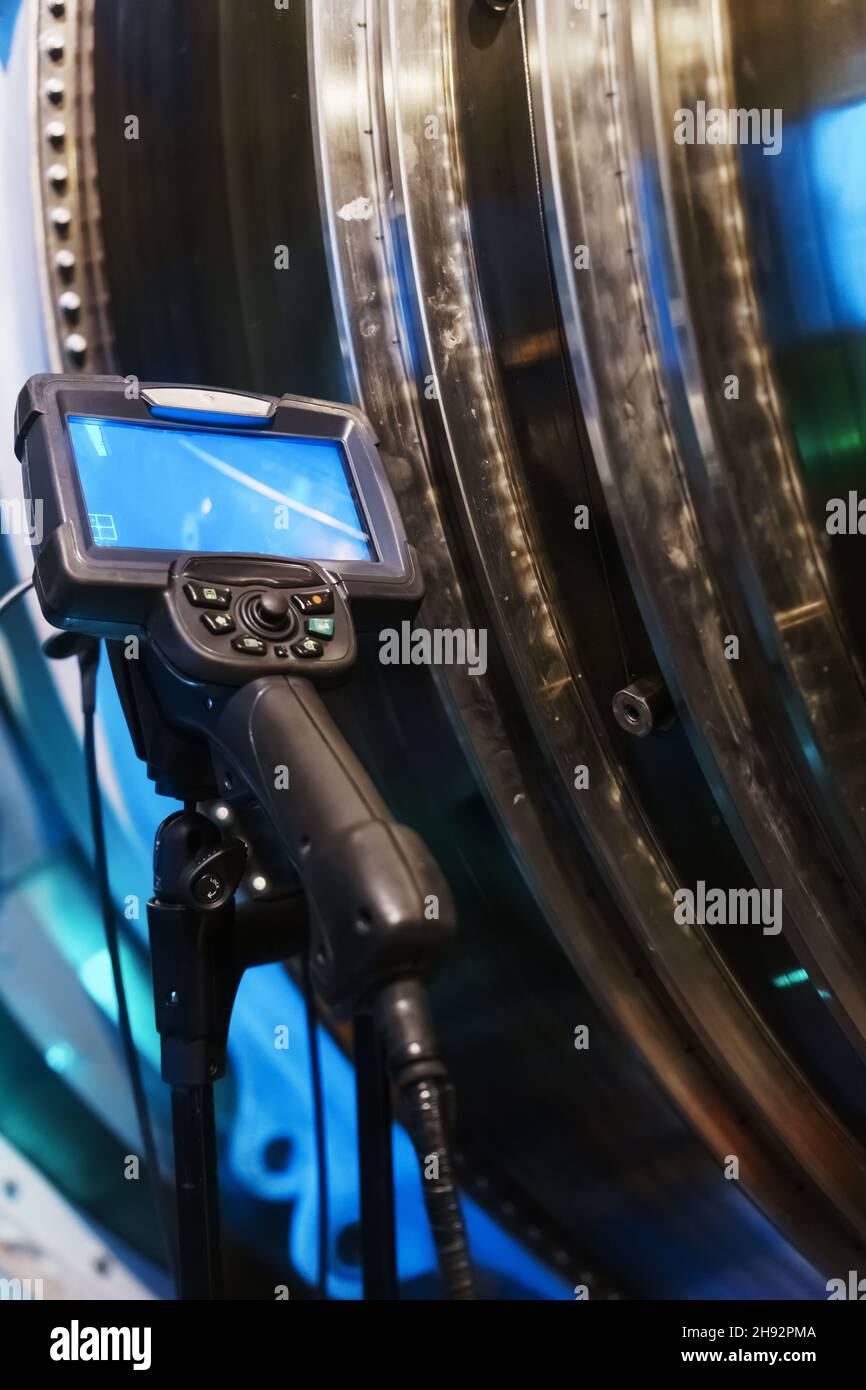 Industrial video endoscope for monitoring the internal state of gas turbine plants. Inspection