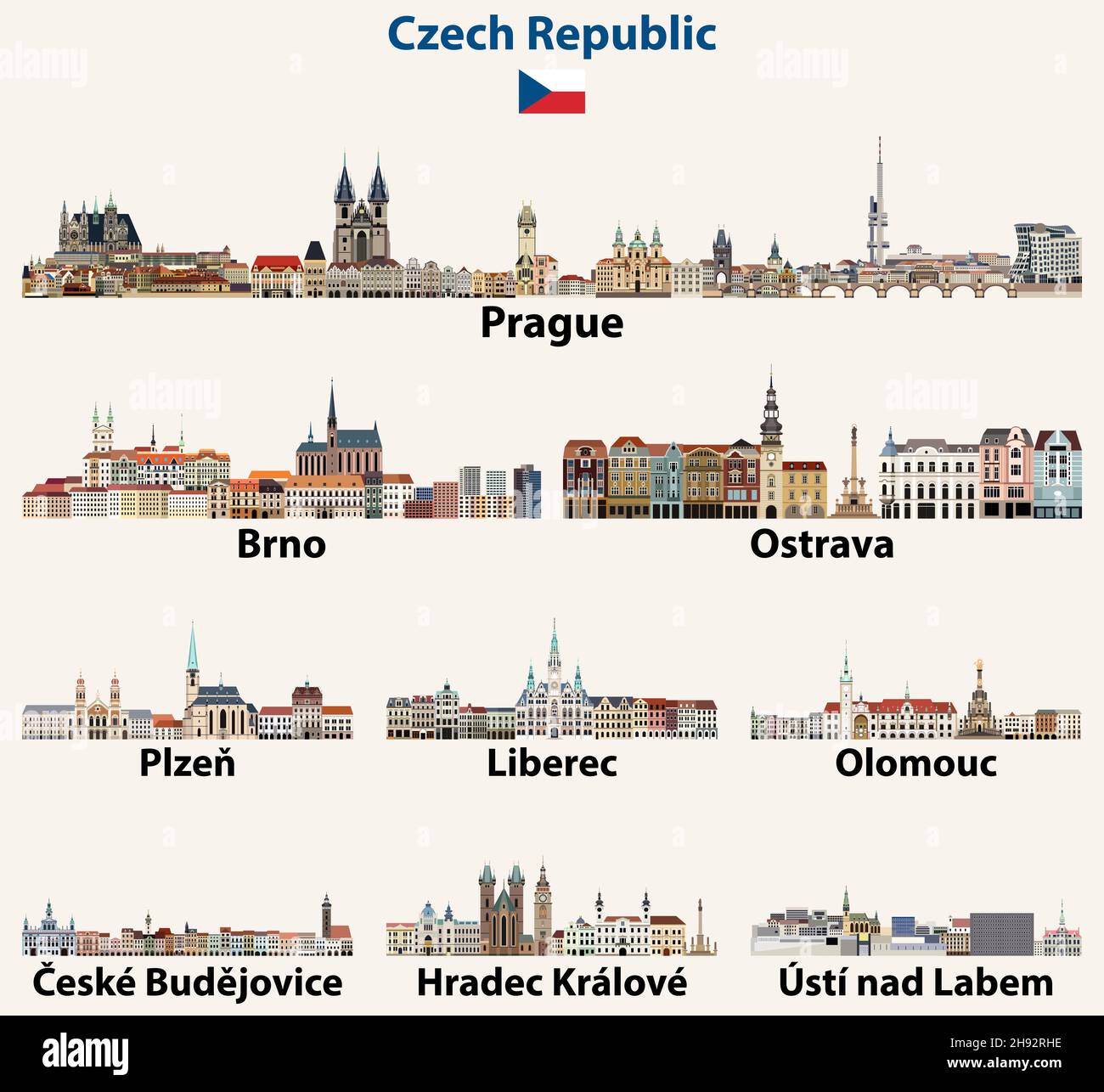 Czech Republic main cities abstract skylines. Vector collection Stock Vector