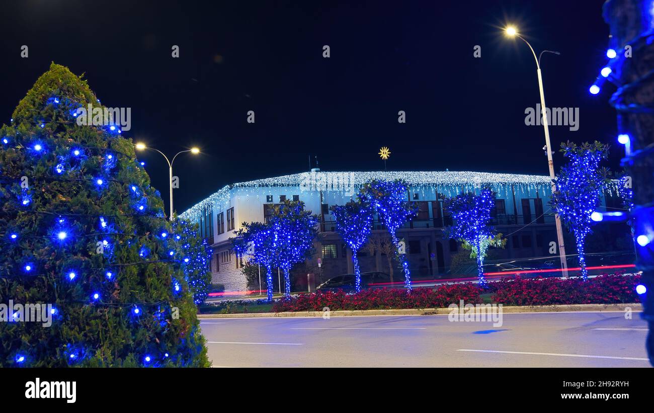 Volos, Greece, 12-2-2021, the beautiful city of Volos decorated for the Christmas and New Year holidays, Volos at night, tourist destination Stock Photo