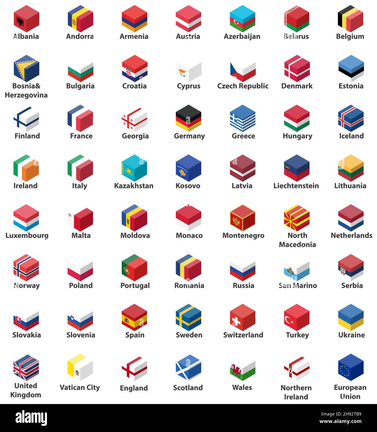 all european countries flags in cube isometric design vector set Stock Vector