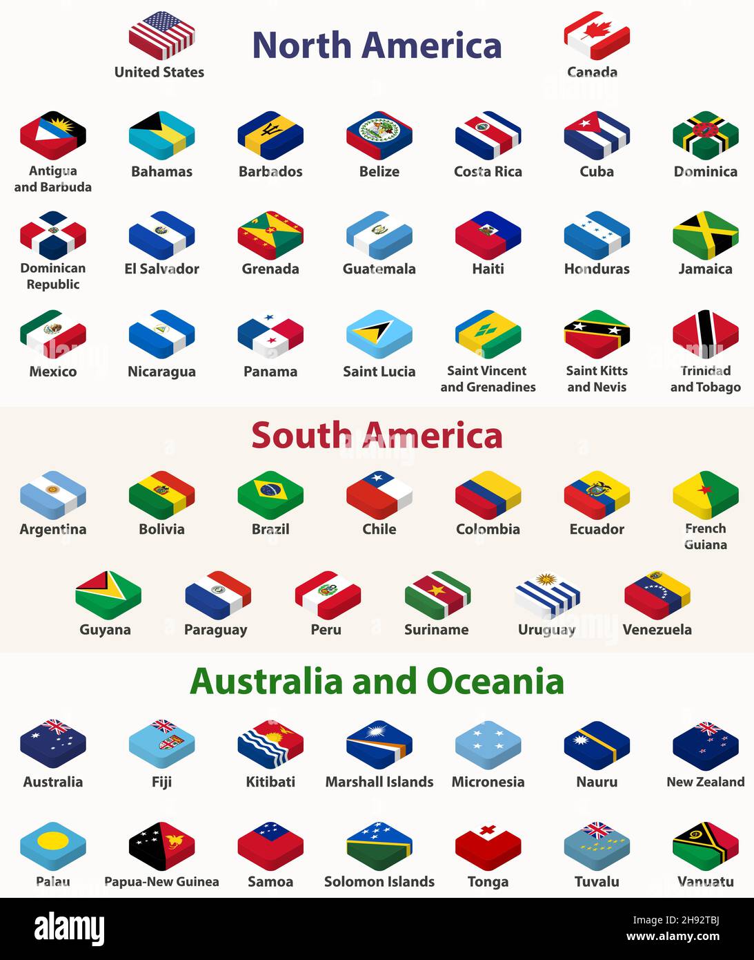 North American, South American, Australia and Oceania countries flags in isometric top design Stock Vector