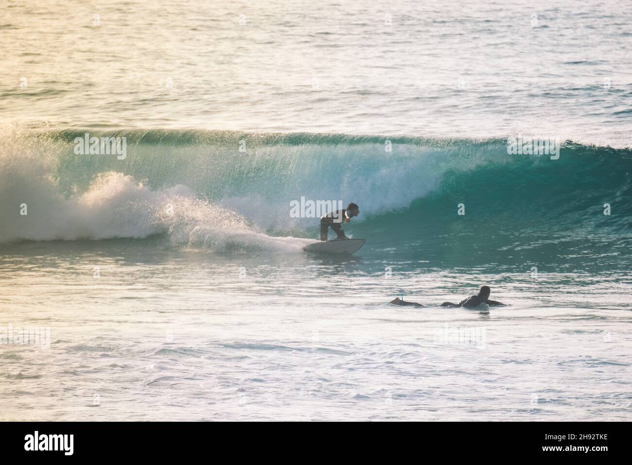 Surfer on a blue wave at sunny day in Ericeira in Portugal. Stock Photo
