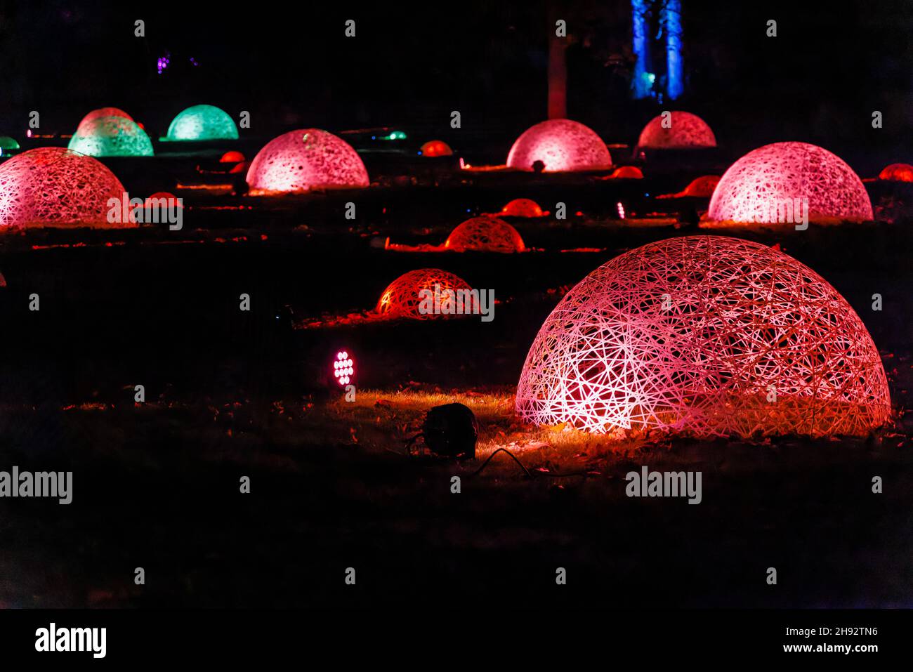 Colourful red illuminated wicker domes at Glow 2021, the annual Christmas illuminations event at the RHS Garden, Wisley, Woking, Surrey Stock Photo