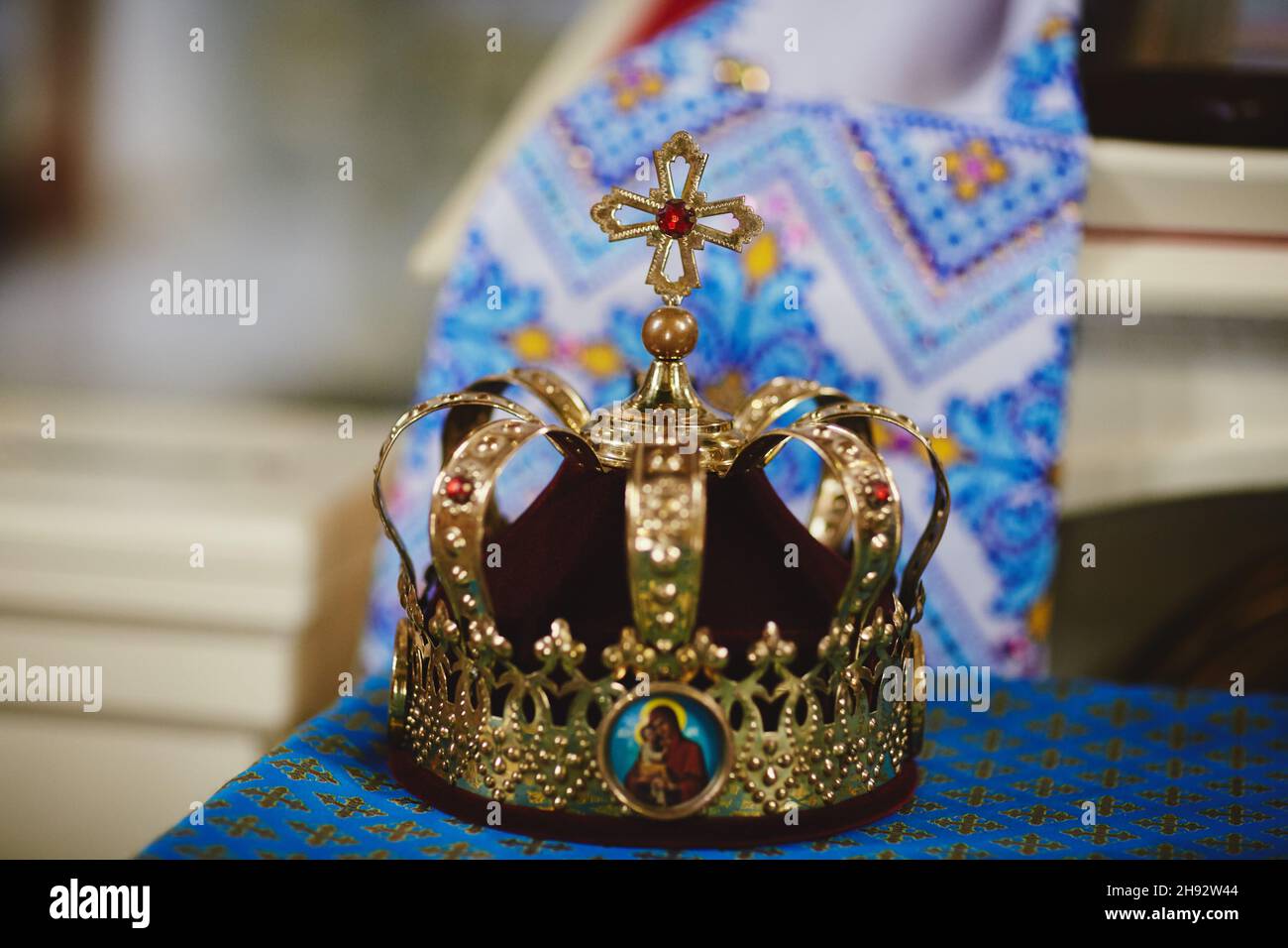 Traditional wedding crown in a church. Orthodox wedding crown in church