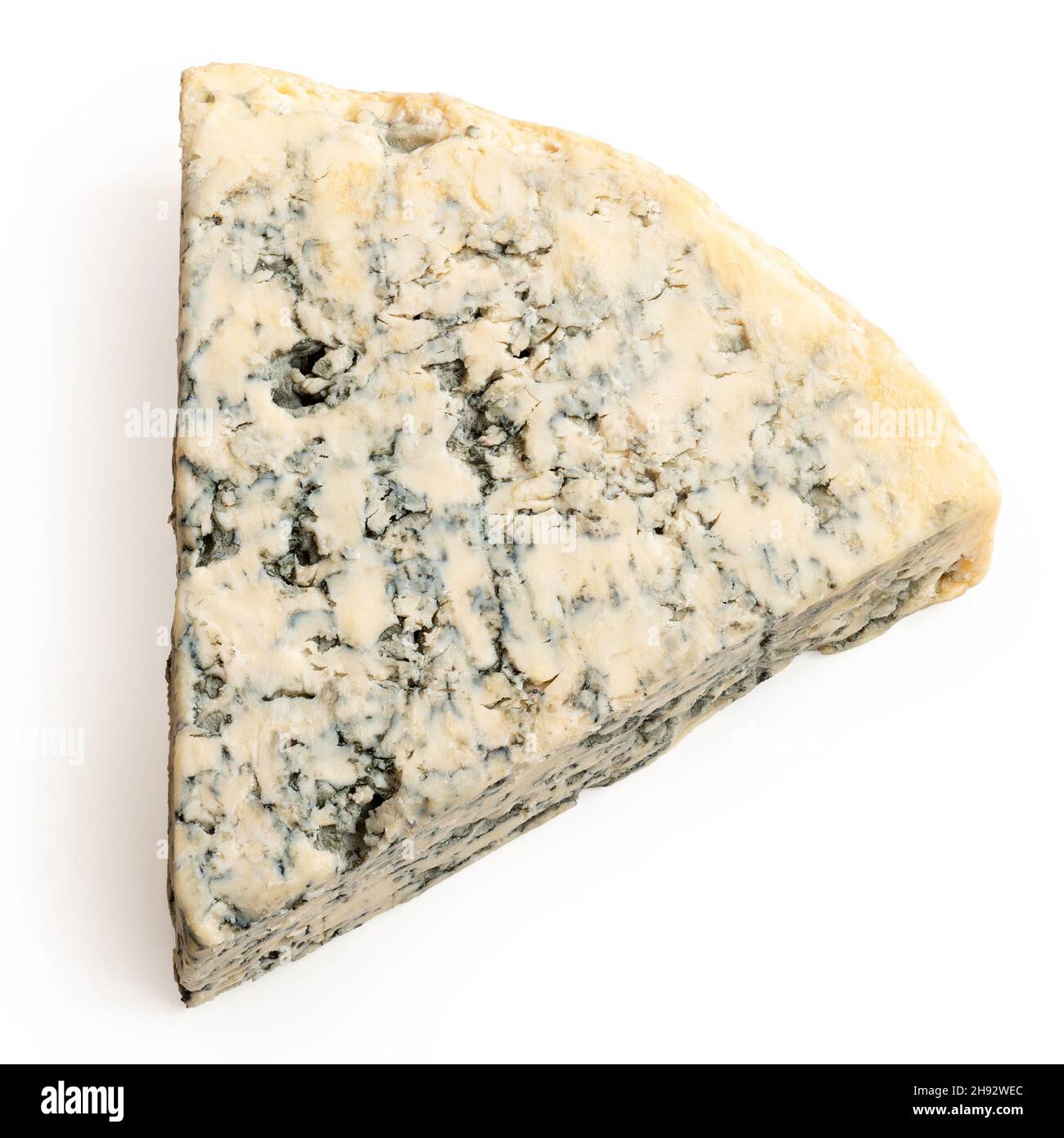 Blue cheese wedge isolated on white. Top view. Stock Photo
