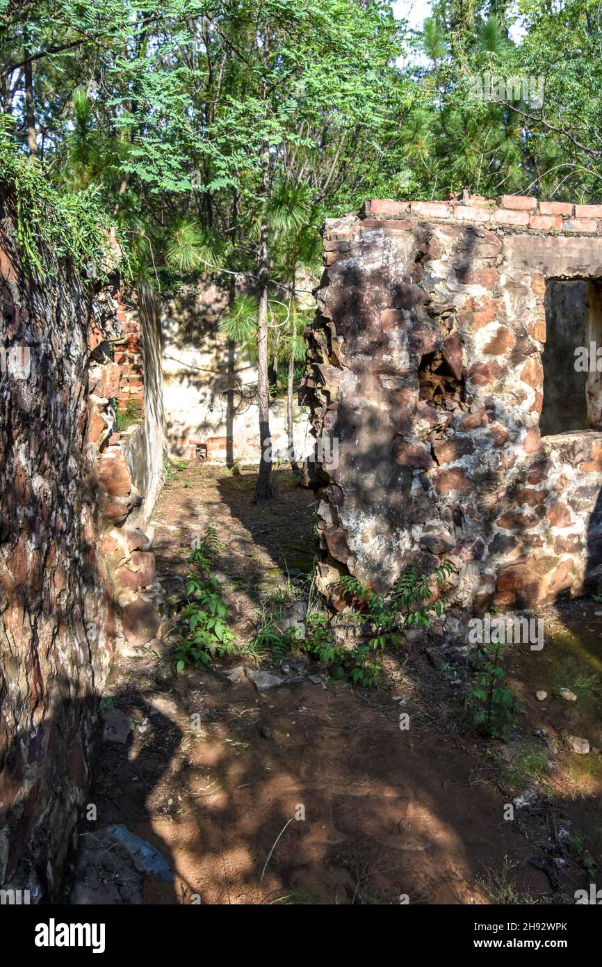 Abandoned brick ruins of an old or vintage farm house wall surface of ...