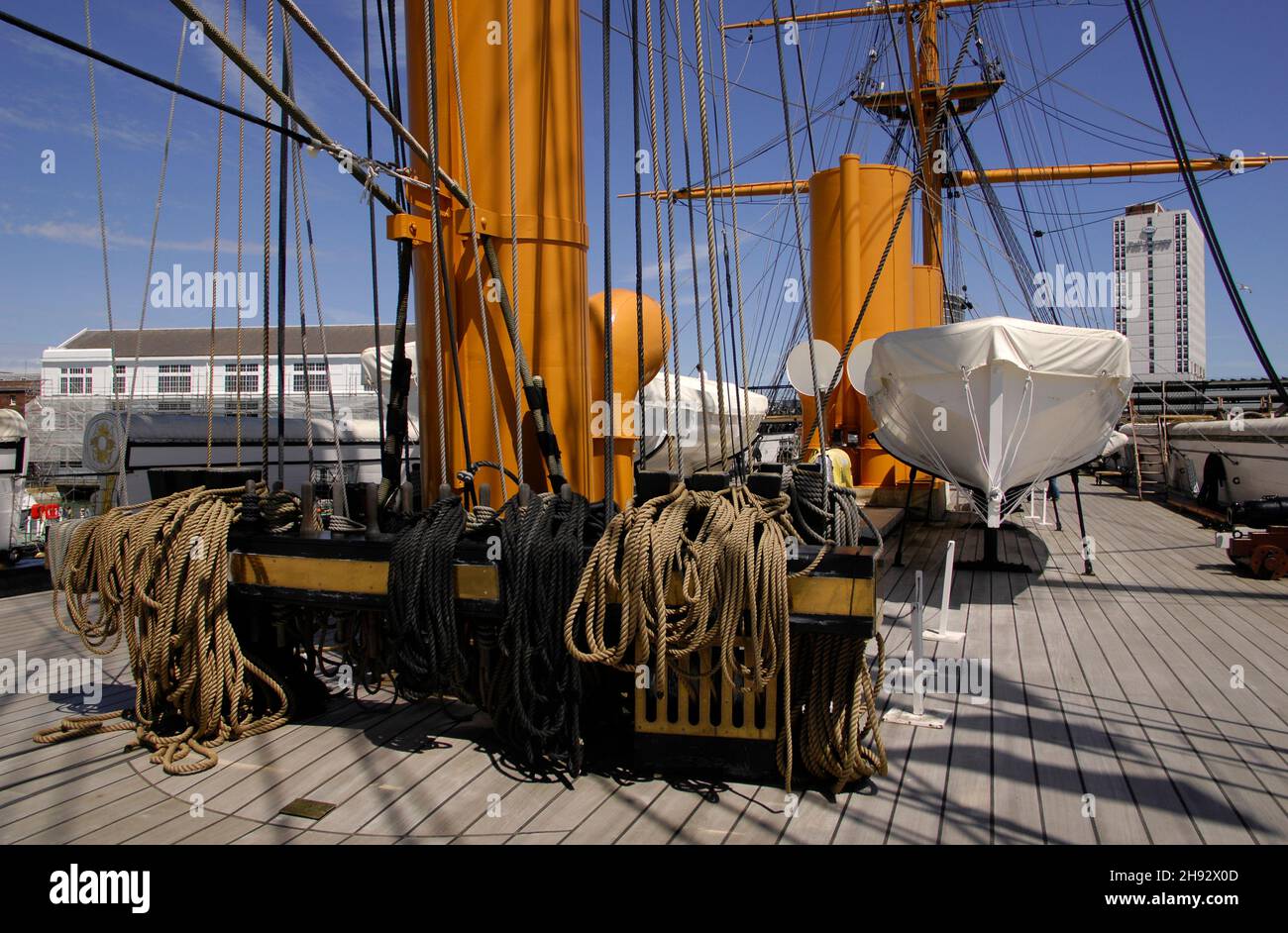 AJAXNETPHOTO. 4TH JUNE, 2015. PORTSMOUTH, ENGLAND. - HMS WARRIOR 1860 - FIRST AND LAST IRONCLAD WARSHIP OPEN TO THE PUBLIC. VIEW LOOKING FORWARD ALONG UPPER DECK; MAINMAST BITTS TABERNACLE IN FOREGROUND.PHOTO:JONATHAN EASTLAND/AJAX REF:D150406 5225 Stock Photo