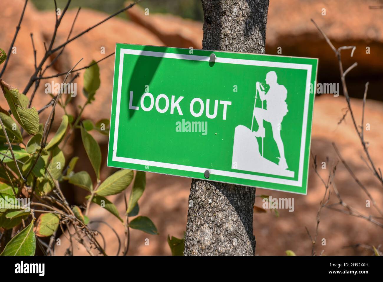 A hiking sign for a look out in the Trichardspoort River Valley, Gouwsberg Mountain Range near the Wilge River in the vicinity of Bronkhorstspruit eas Stock Photo