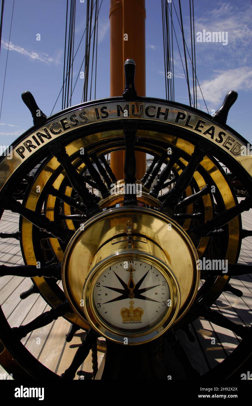 AJAXNETPHOTO. 4TH JUNE, 2015. PORTSMOUTH, ENGLAND. - HMS WARRIOR 1860 - FIRST AND LAST IRONCLAD WARSHIP OPEN TO THE PUBLIC. BRASS BOUND SHIP'S WHEELS INSCRIBED 'PRINCESS IS MUCH PLEASED'.PHOTO:JONATHAN EASTLAND/AJAX REF:D150406 5235 Stock Photo