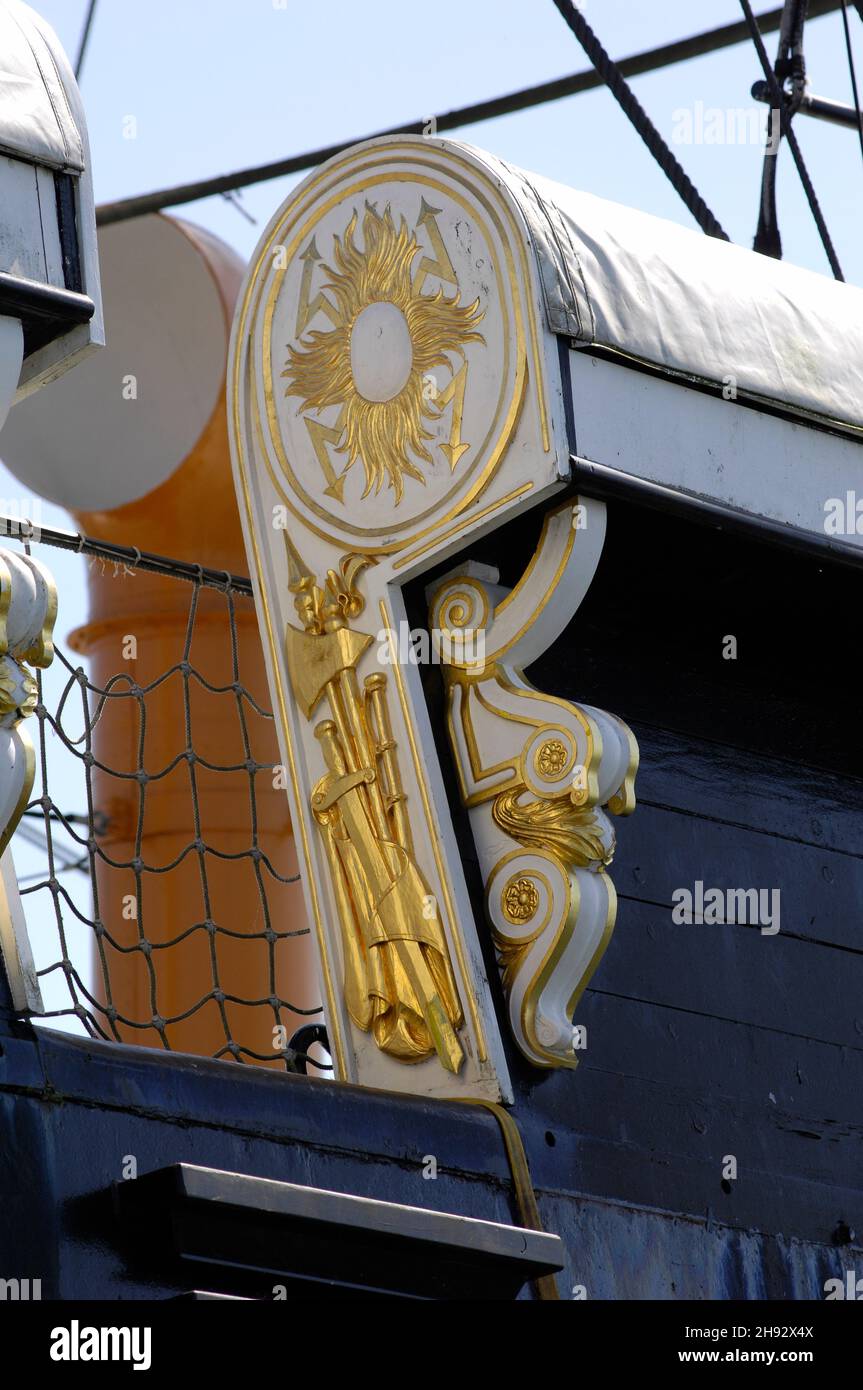AJAXNETPHOTO. 4TH JUNE, 2015. PORTSMOUTH, ENGLAND. - HMS WARRIOR 1860 - FIRST AND LAST IRONCLAD WARSHIP OPEN TO THE PUBLIC. DETAIL OF DECORATIVE WOODCARVING ON PORT BULWARK. PHOTO:JONATHAN EASTLAND/AJAX REF:D150406 5289 Stock Photo