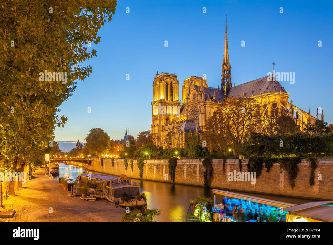 The Seine and illuminated Notre Dame de Paris at twilight, France. Panoramic view Stock Photo