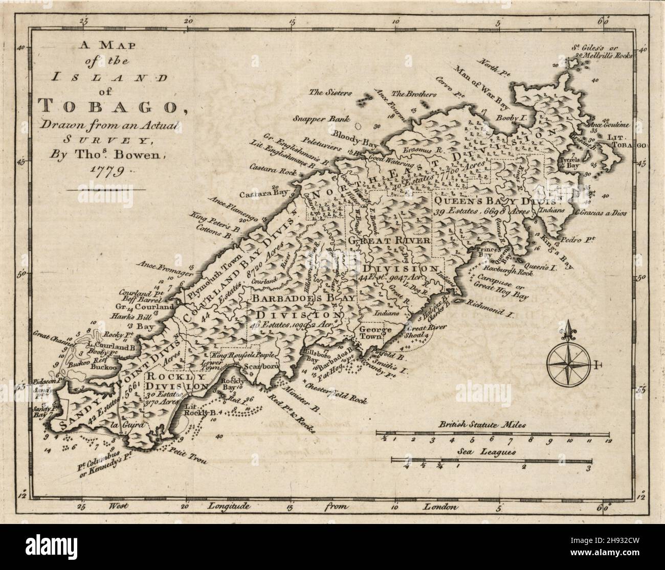 Eighteenth century map of the island of Tobago in the West Indies, ca1778 Stock Photo